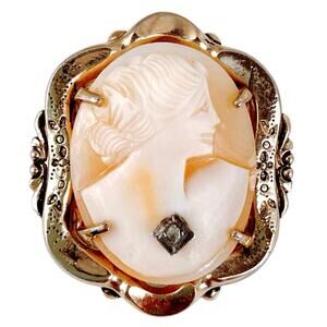Vintage Coro Cameo Brooch 40s-50s Diamond Accent 10K Gold Plated Shell Carving